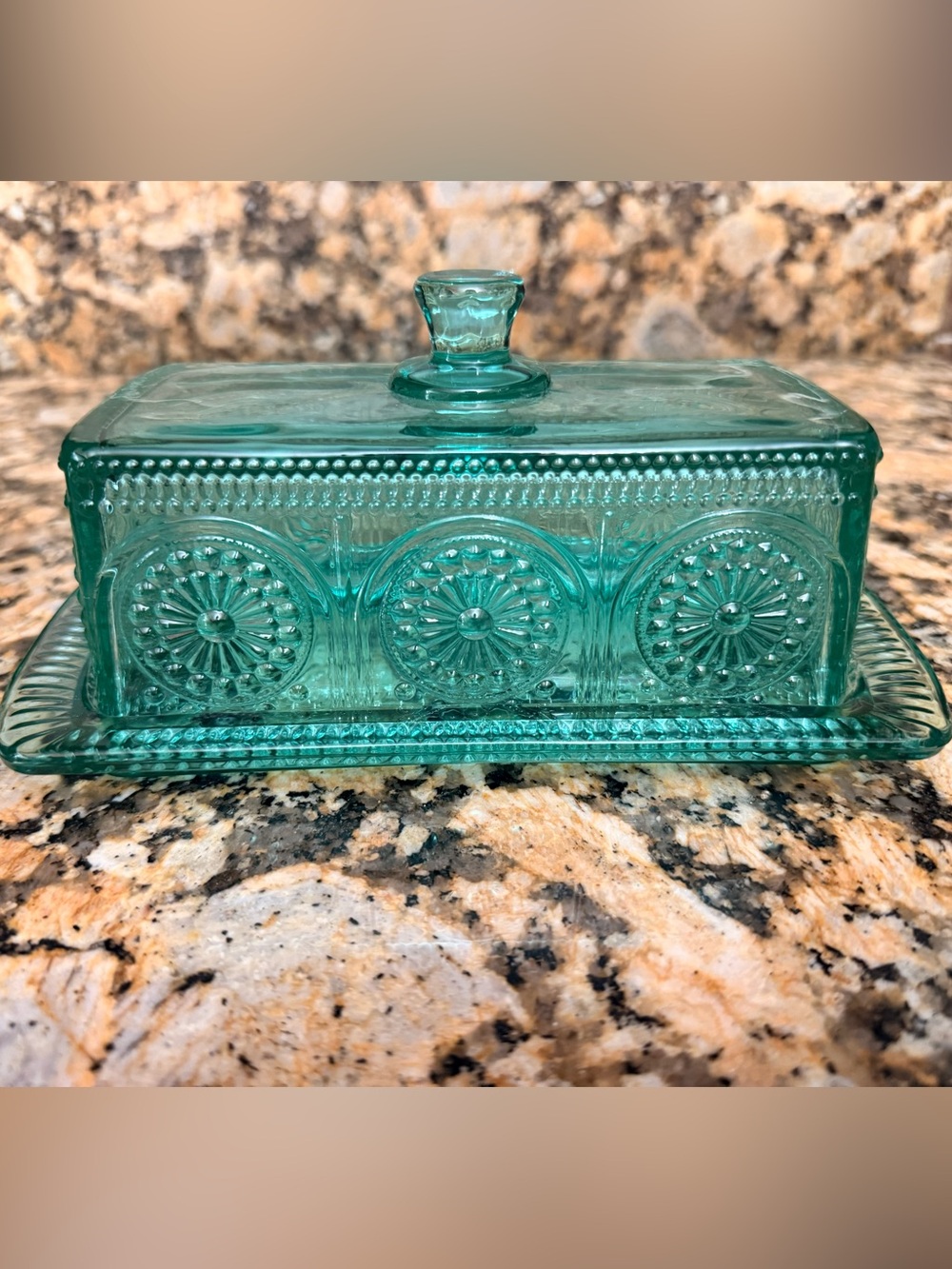 The Pioneer Woman Adeline Teal Glass Butter Dish Embossed Vintage Style EUC